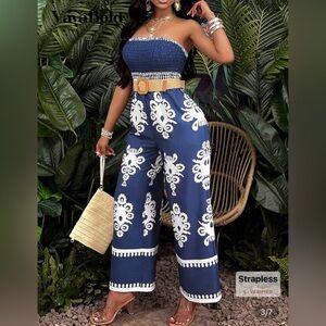 Blue and White Strapless Jumpsuit